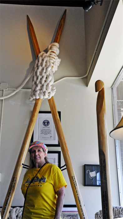 Karen Duquette and The World's Largest Knitting Needles and crochet hook