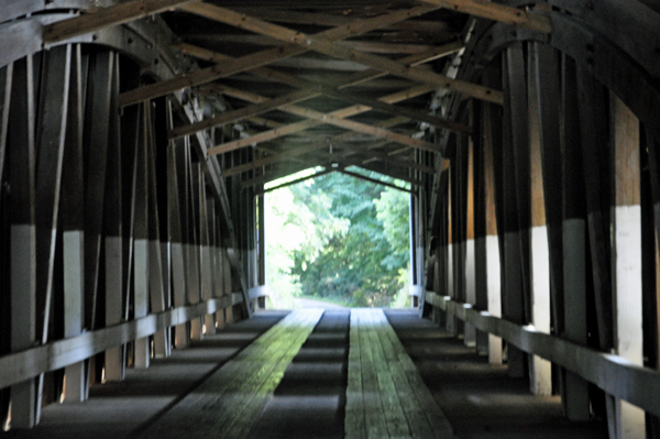 The two RV Gypsies driving through The Jackson Covered Bridge