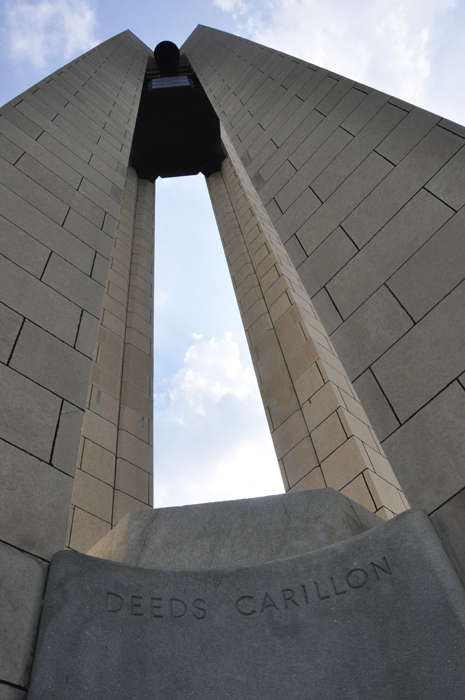 looking up at the Deeds Carillon and Bell Tower