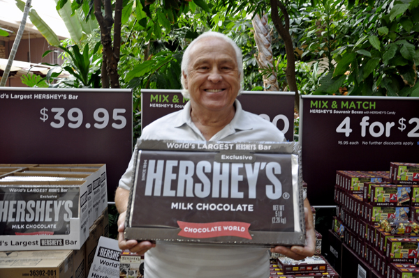 Lee Duquette with a giant Hershey's milk choclate bar