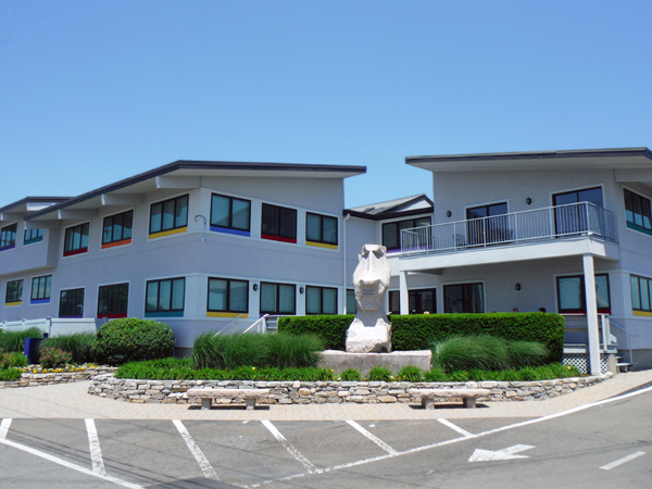 apartments and a statue