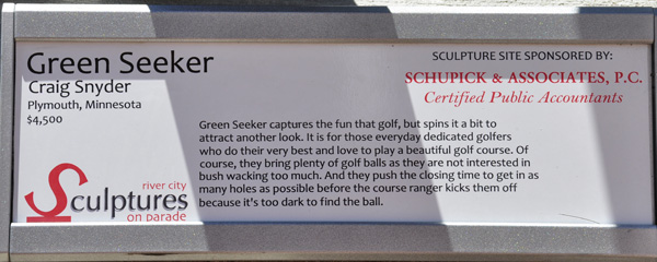 Plaque for the sculpture titled Green Seeker