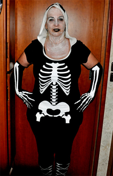 Karen Duquette as a skeleton
