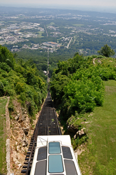 the cable car starts back down the steep incline.