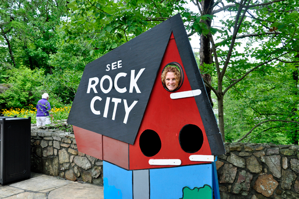 Ilse inside the Rock City birdhouse