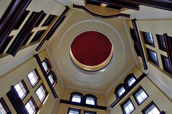 Looking up at the ceiling in the lobby of the Marriott