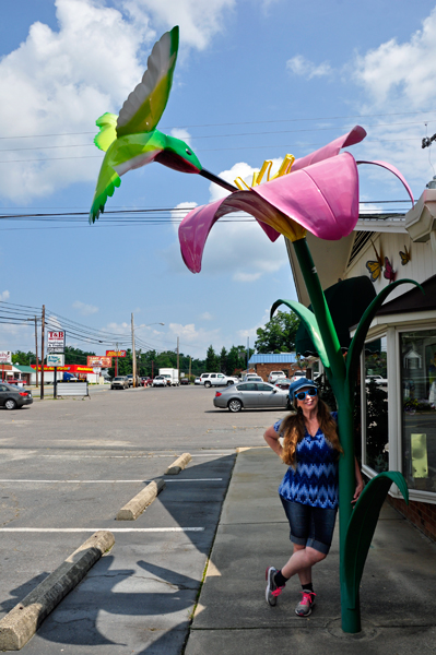 Karen Duquette and the Hummingbird sculpture