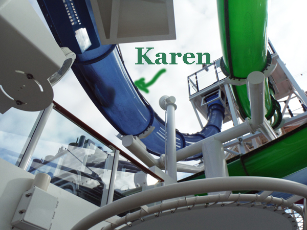 Karen in the blue free-fall waterslide