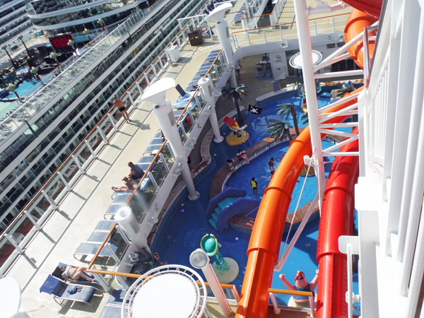 View of the pool, hot tubs and slides