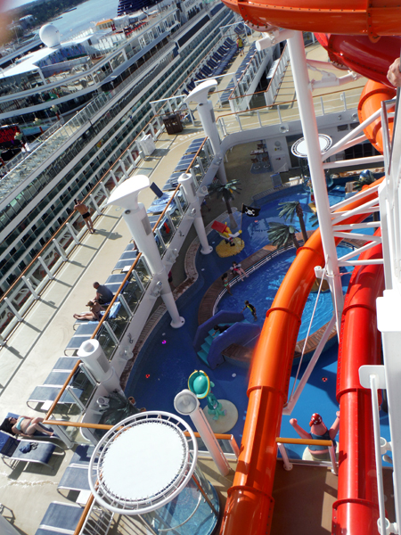 View of the pool, hot tubs and slides