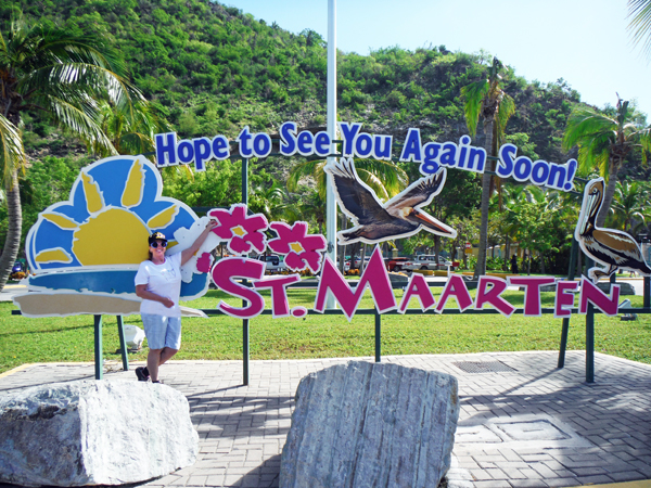 Karen Duquette at the St. Maarten sign