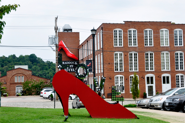 giant red shoes at Craddock Terry Hotel