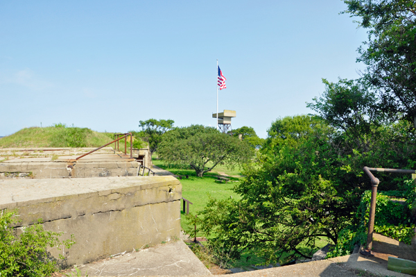 USA flag at Fort Wool Historic Site  sign