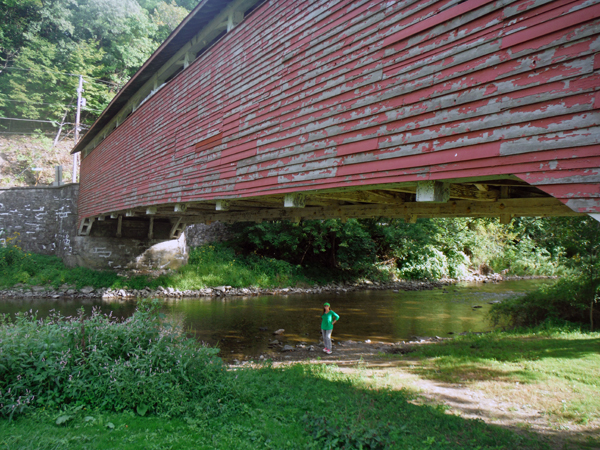 Karen Duquette under Guth's Covered Bridge