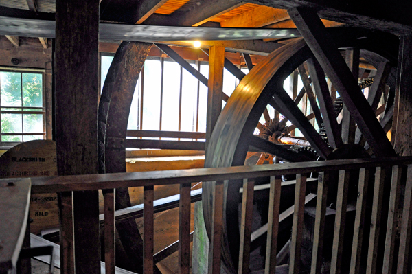 the water wheel inside the Jervis Gordon Grist Mill