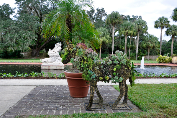 Samson and the Lion, waterfall, and garden horse