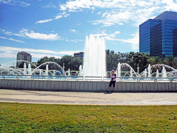 Friendship Park fountain and Karen Duquette