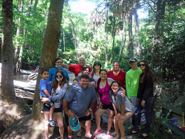 family and friends ready for the canoe trip