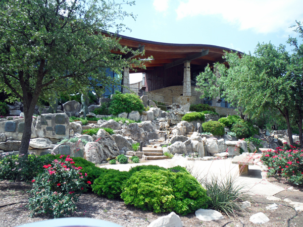 Visitor Center, sculpture and waterfall