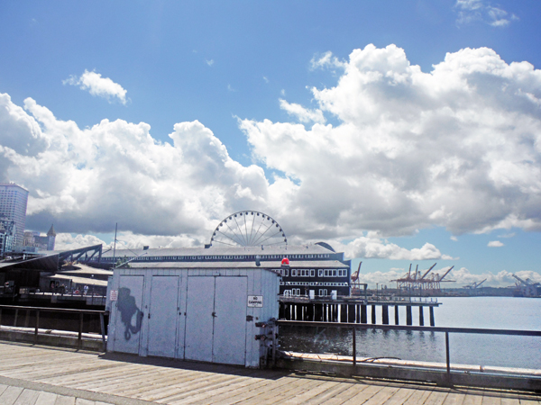 A wide boardwalk at the Seattle Waterfront