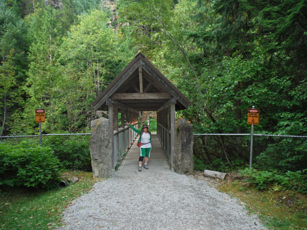 A very small covered bridge leading to Brandywine Falls and Karen Duquette