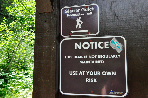 Glacier Gulch Recreation Trail warning sign