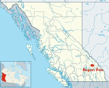 map showing location of Rogers Pass