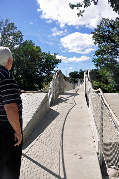 Lee Duquette ready to cross the suspension bridge