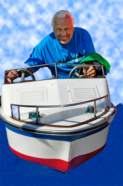 Lee driving a small boat