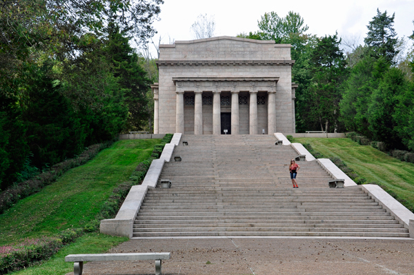 Karen Duquette on the stairs of Lincoln's Memorial Building