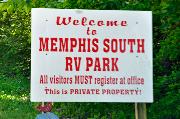 welcome to Memphis South RV Park sign