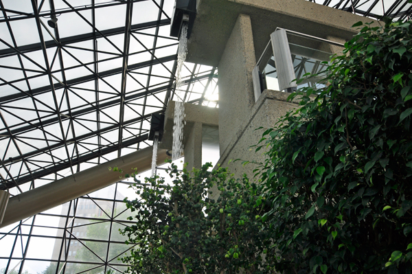 A waterfall as seen from the escalator.