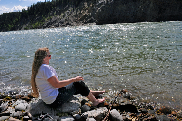 Karen sticking her toes in the cold water