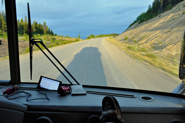 The shadow of the RV on the road