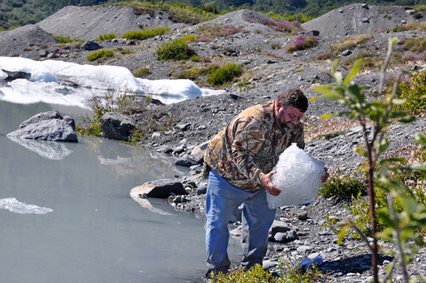 John Smythers with a big chunk of glacier ice