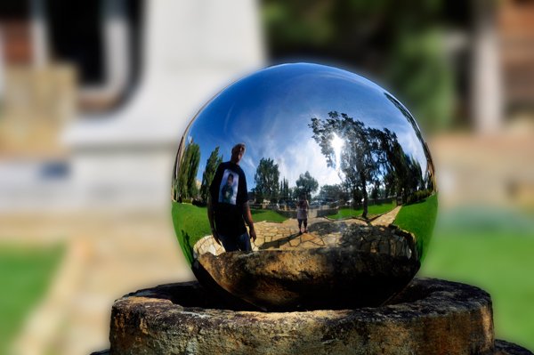 Lee Duquette's reflection in the big silver ball