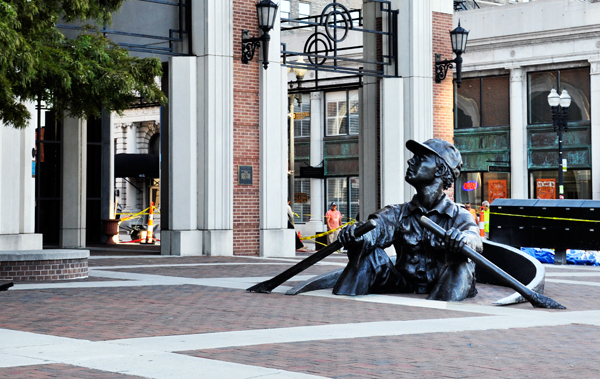 A giant bronze oarsman sculpture