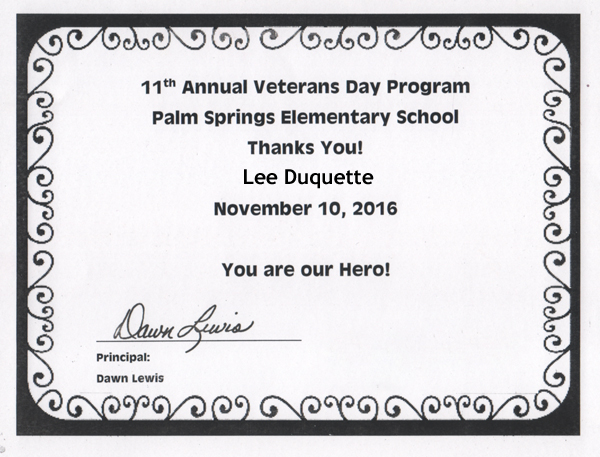 Lee  Duquette's Veteran certificate