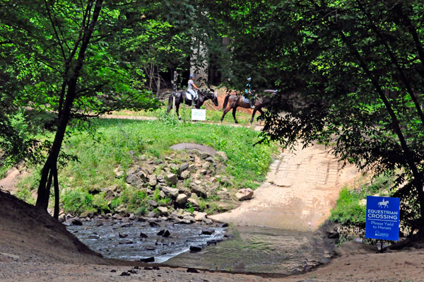 horses passing by the Swinging Bridge