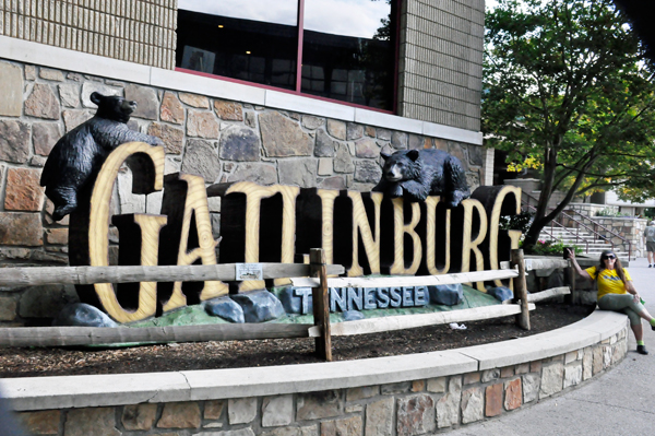 Karen Duquette at Gatlinburg TN fountain wall