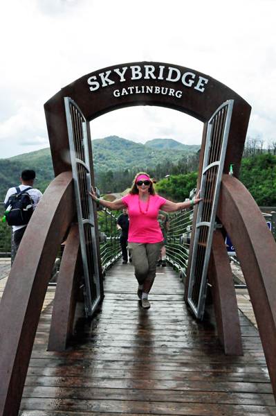 Karen Duquette at the entrance to the Gatlinburg Skybridge