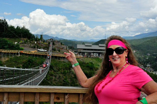 Karen Duquette on the other side of the Gatlinburg Skybridge