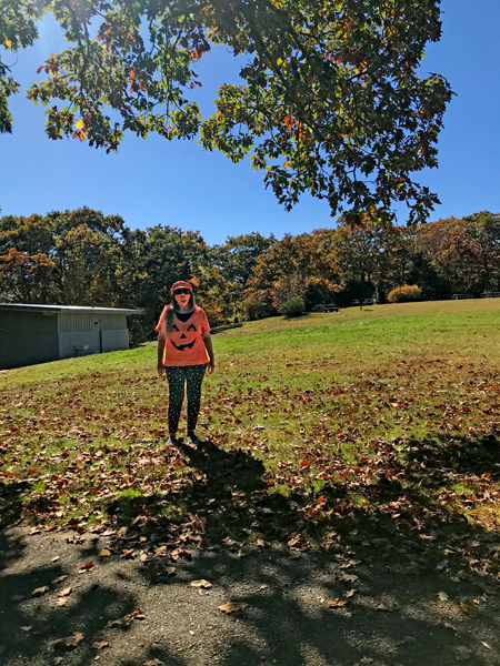 Karen Duquette in her pumpkin outfit