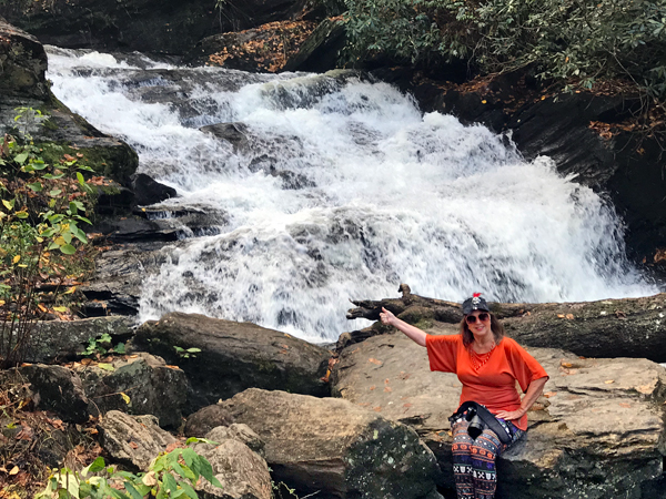 Karen Duquette at the bottom of Mud Creek Falls