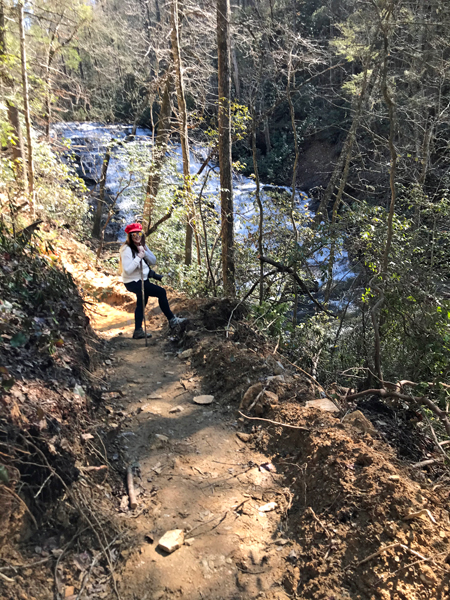 the trail, waterfall, and Karen Duquette
