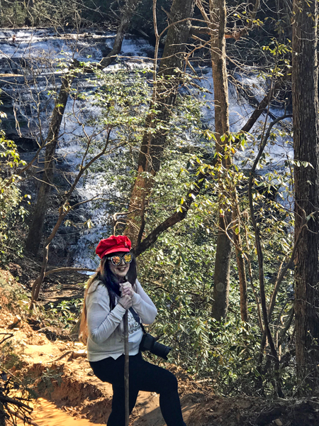 the trail, waterfall, and Karen Duquette