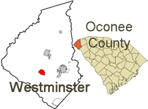 SC map showing Oconee County and Westminster