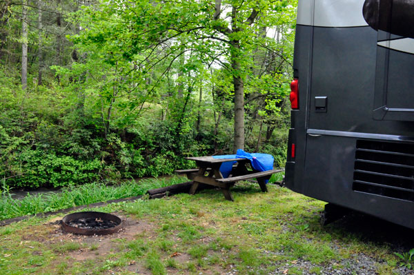 picnic table by the creek