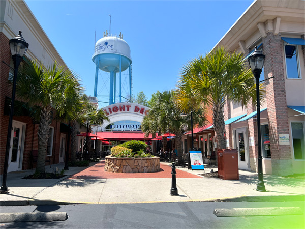 Restaurant entrance and water tower