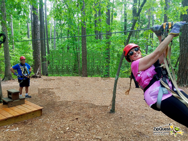 Karen Duquette on the practice zipline